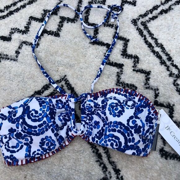 -11 NWT Be Creative Blue and white bikini with red trim waist jewelry.Size 10 - Picture 6 of 11